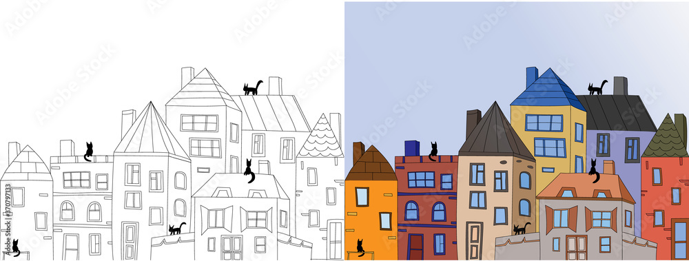 book coloring pages for adults and children. small town, with colored houses. Black cats walking on roofs. Black and white linear pattern and example coloring in different colors