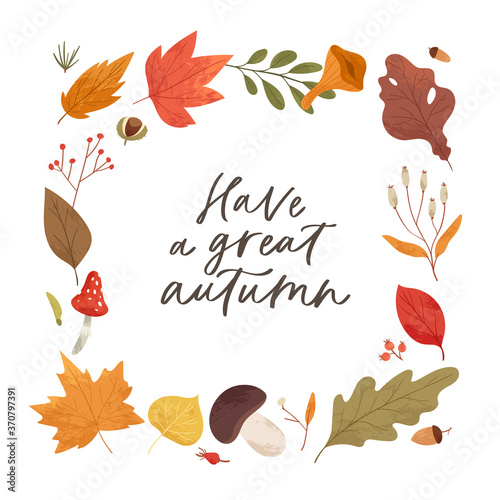 Botanical autumn collection. Fall season square frame,  harvest festival poster of hand drawn colorful fallen leaves, twigs, berries, mushrooms, tree branches. Vector illustration with place for text