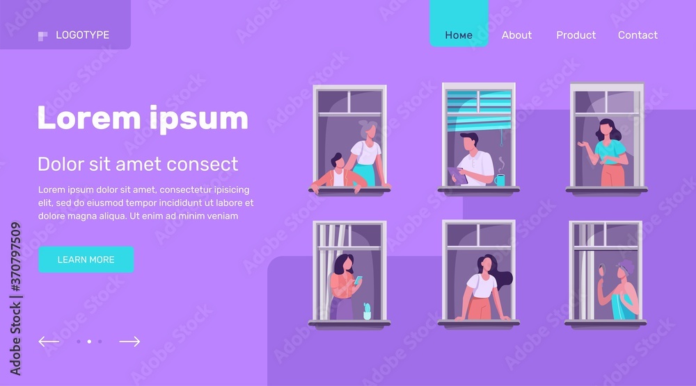 Apartment building with people in open window spaces. Neighbors drinking coffee, talking, using cell. Vector illustration for block of flat, condo, neighborhood, community, house friendship concept Apartment building with people in open window spaces. Neighbors drinking coffee, talking, using cell. Vector illustration for block of flat, condo, neighborhood, community, house friendship concept