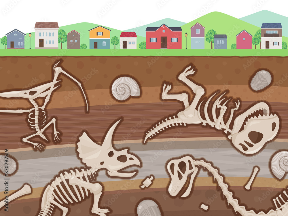 恐竜の化石が埋まった地層と街並みのイラスト Stock Vector Adobe Stock