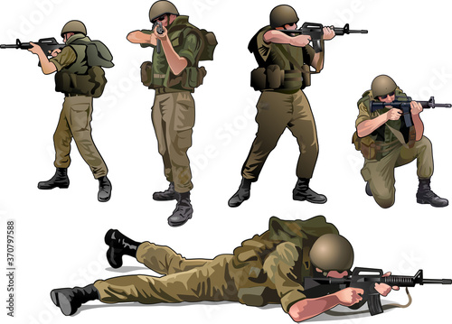 soldiers in the five positions of rifle shooting