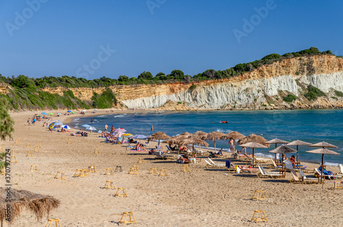 Picturesque sandy Gerakas beach - a breeding site of the caretta sea turtles, situated on Vassilikos peninsula of Zakynthos island on Ionian Sea, Greece. photo