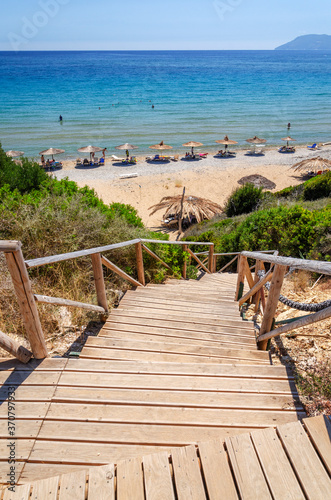 Picturesque sandy Gerakas beach - a breeding site of the caretta sea turtles, situated on Vassilikos peninsula of Zakynthos island on Ionian Sea, Greece.