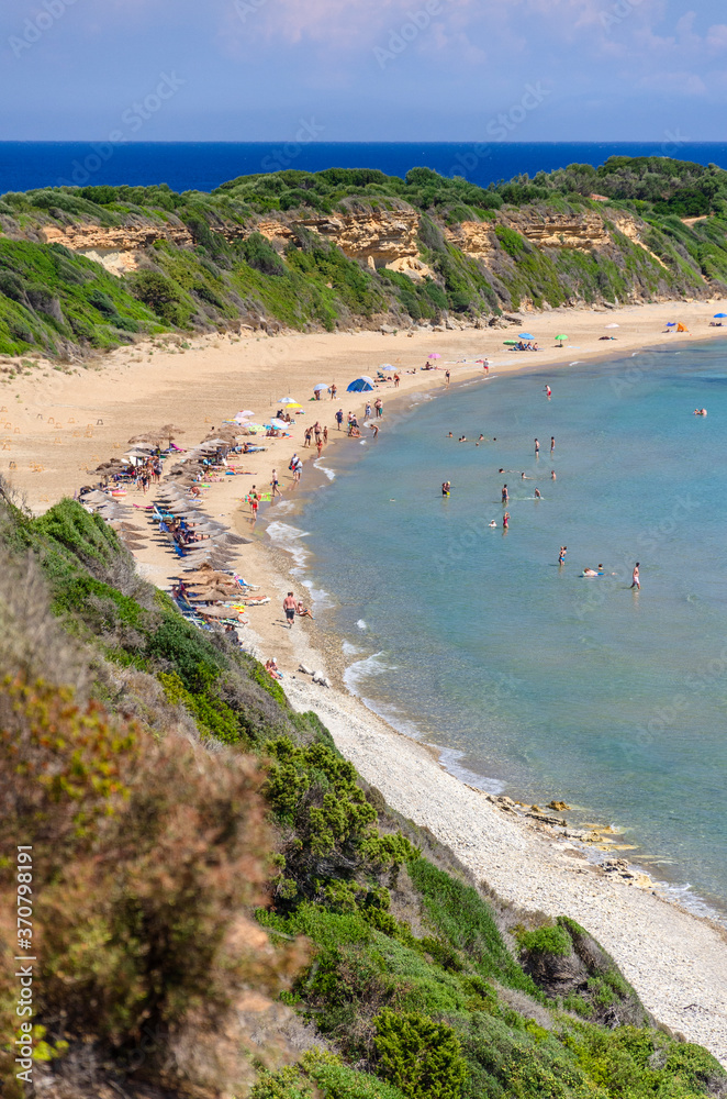 Picturesque sandy Gerakas beach - a breeding site of the caretta sea turtles, situated on Vassilikos peninsula of Zakynthos island on Ionian Sea, Greece.