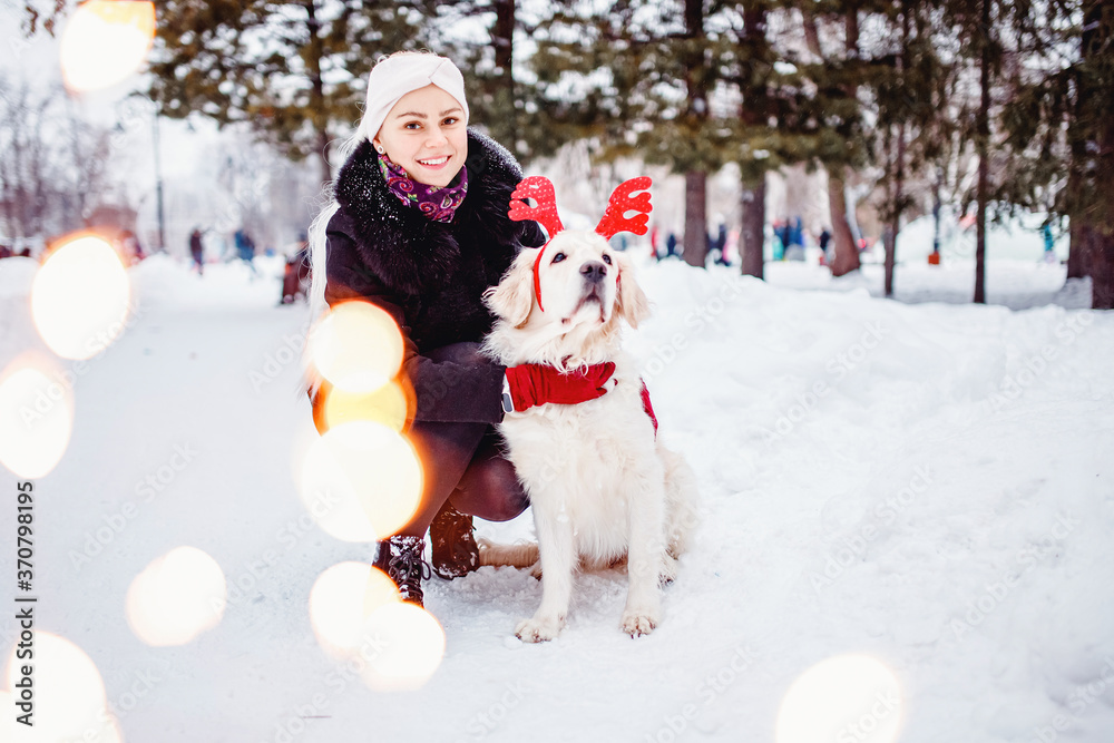 Christmas costume for dog, young beautiful girl walks with golden retriever in winter forest Christmas costume for dog, young beautiful girl walks with golden retriever in winter forest