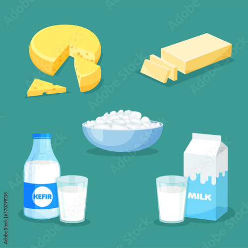 Set of fresh natural dairy products. Vector milk, butter, cheese, kefir, cottage cheese icons in a trendy flat style. Farm produce isolated on blue background.