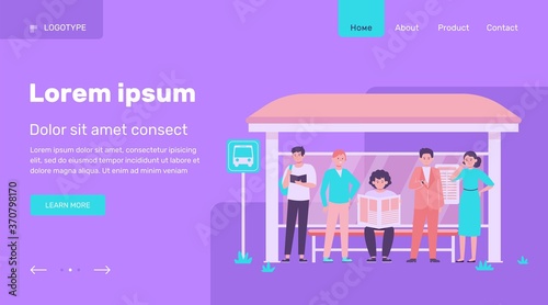 Cartoon passengers standing at bus stop flat vector illustration. Women and men waiting for public transport. Transportation, driving and conveyance concept