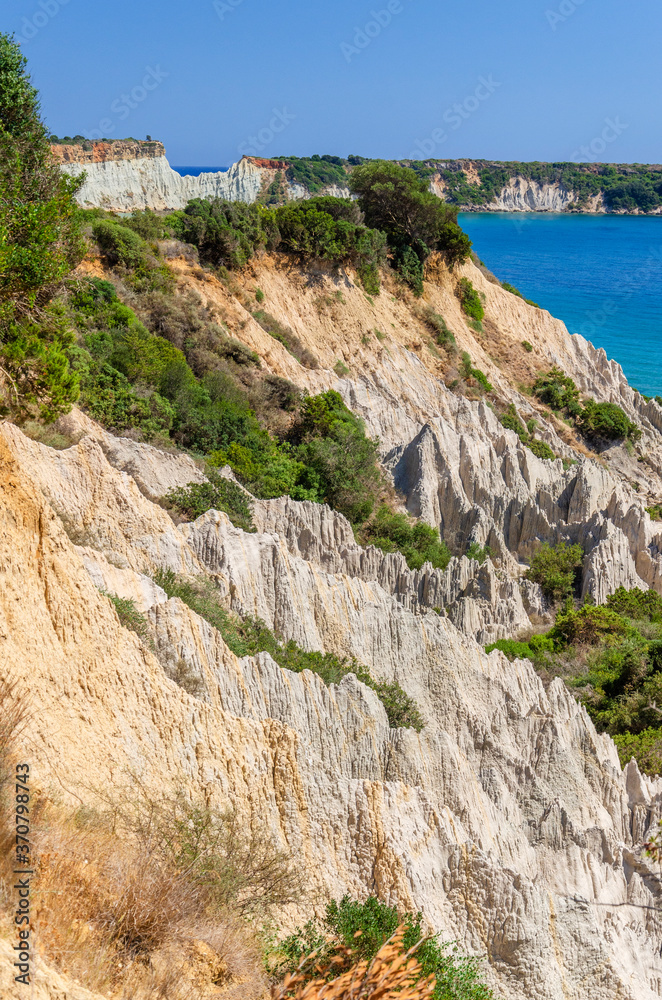 Picturesque sandy Gerakas beach - a breeding site of the caretta sea turtles, situated on Vassilikos peninsula of Zakynthos island on Ionian Sea, Greece. Picturesque sandy Gerakas beach - a breeding site of the caretta sea turtles, situated on Vassilikos peninsula of Zakynthos island on Ionian Sea, Greece.