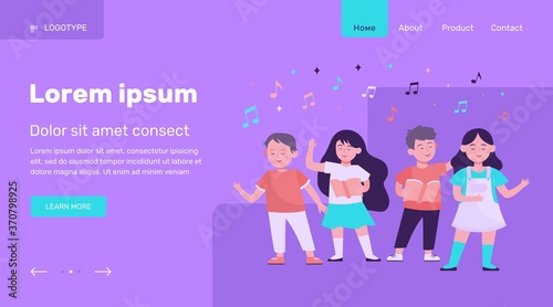 Cartoon children choir flat vector illustration. Cute kids singing song at music school, church or vocal group. Friendship, music and performance concept