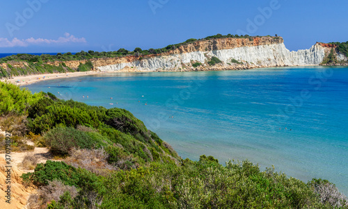 Picturesque sandy Gerakas beach - a breeding site of the caretta sea turtles, situated on Vassilikos peninsula of Zakynthos island on Ionian Sea, Greece. photo