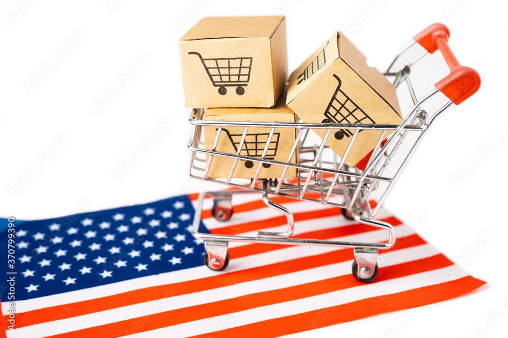 Box with shopping cart logo and USA America flag, Import Export Shopping online or eCommerce finance delivery service store product shipping, trade, supplier concept.