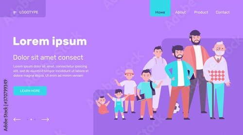 Cartoon man in different age flat vector illustration. Male character growth cycle from child to old person set. Generation and life evolution concept