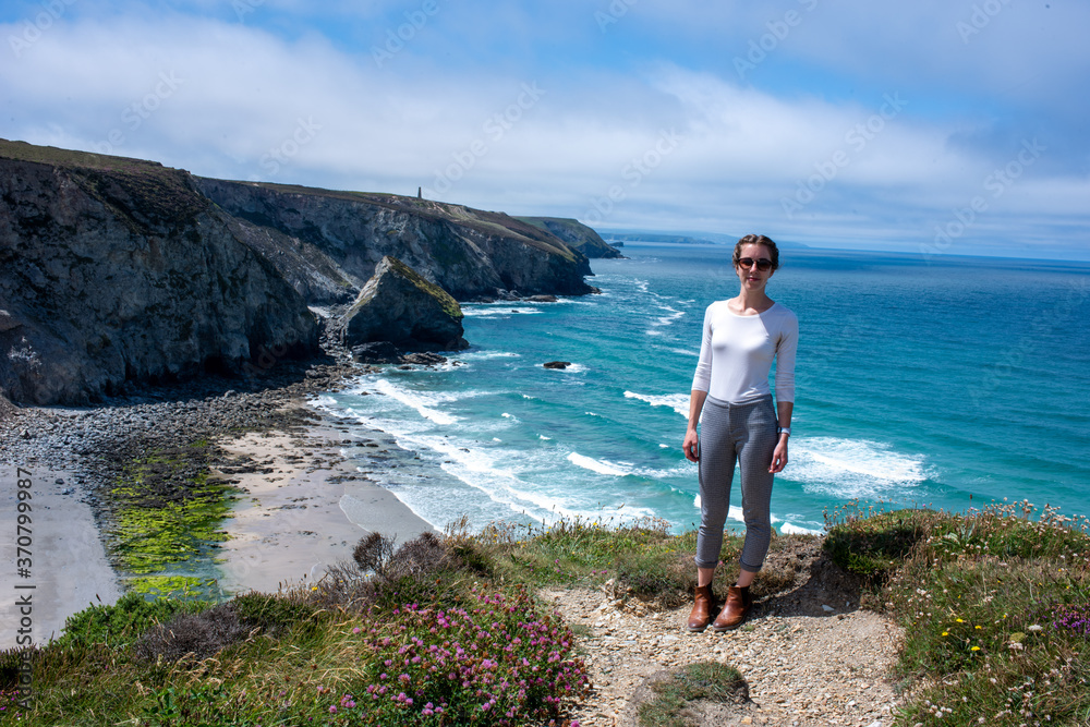 Young woman Hike Walk Cornwall Coast UK Cornish Sea Holiday Landscape
