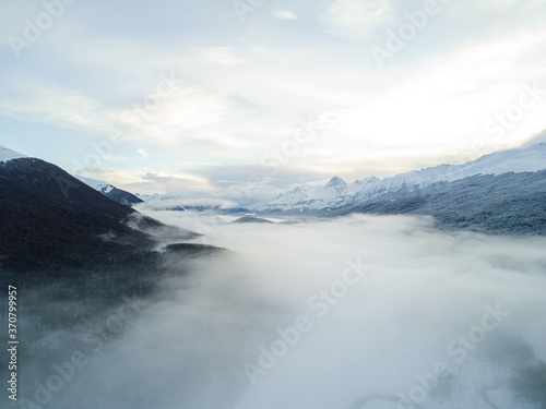 Aerial Views from Ushuaia, Tierra del Fuego known as "The End of The World". Winter views of the southern Andes