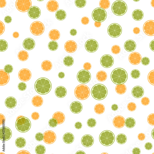 Summer illustration with oranges and limes. Seamlees pattern with colorful fruits on white background. Food concept. Template design for invitation, poster, card, fabric, textile.