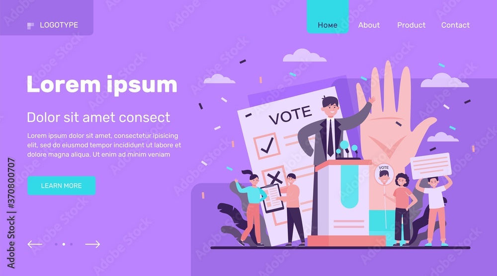 Election and political campaign. Politician speaker, candidate, voting citizens, ballot paper. Flat vector illustration for democracy, society, referendum concepts