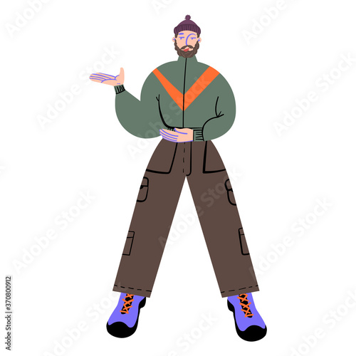 A man, a tourist who shows the way. Vector illustration.
