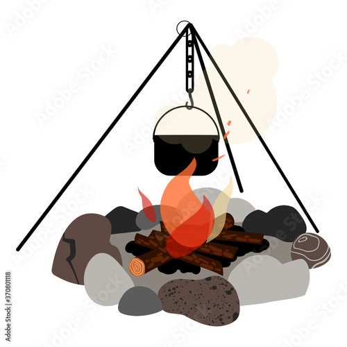 Campfire and hanger with a cooking pot hanging from it. Vector illustration.