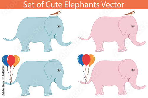 Set of cute elephant vector. Blue and pink elephants with balloons and birds on isolated white background.