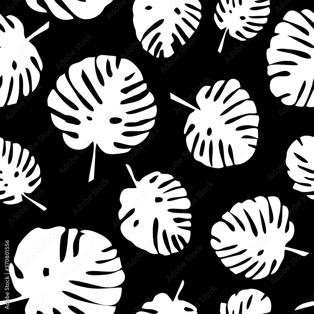 Tile tropical vector pattern with white exotic leaves on black background Tile tropical vector pattern with white exotic leaves on black background