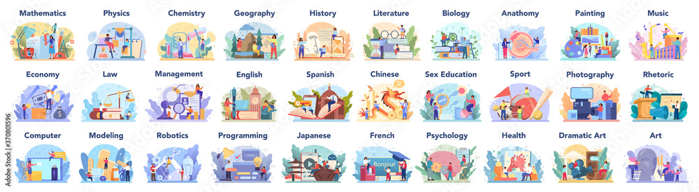 Big school subject or educational class set. Student studying social