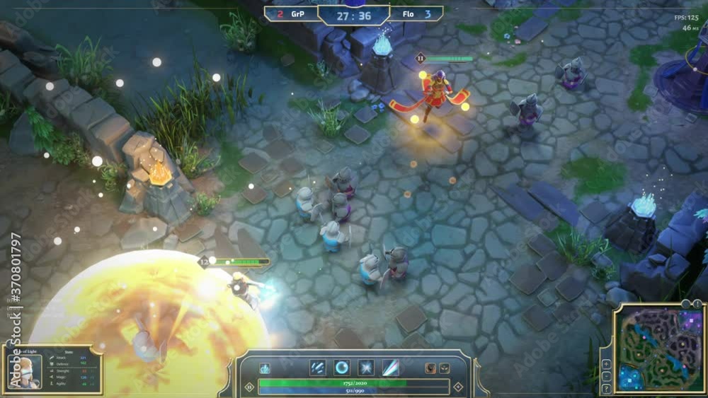 Mock-up Fantasy RPG MOBA Video Game Gameplay with Role Playing Personage Doing Animated Magic with Lots of Explosions and Spells. 3D VFX Animation 