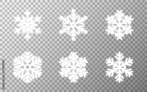 Glowing snowflakes set on transparent backdrop. Shining flakes collection. Christmas luxury decoration. Bright white snowflakes. Greeting card elements. Vector illustration