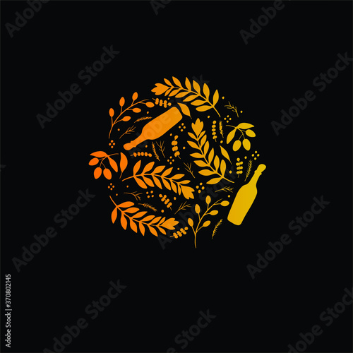 Olive leaves oil bottle round silhouette composition. Herbs and spices. Branch ornament. Golden gradient icon print isolated on black background. 