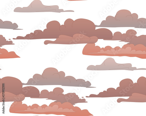 Pink cartoon clouds on white background. Seamless pattern. Endless sky texture. Stylish Vector illustration for children - babies and romantic design. 