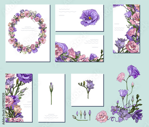 Vector Floral spring templates with elegant bunches of violet purple pink Eustoma Lisianthus and Freesia. For romantic and wedding design, announcements, greeting cards, posters, advertisement.