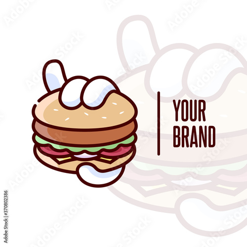HAND HOLDING A BIG BURGER CARTOON LOGO FOR CULINARY BUSINESS