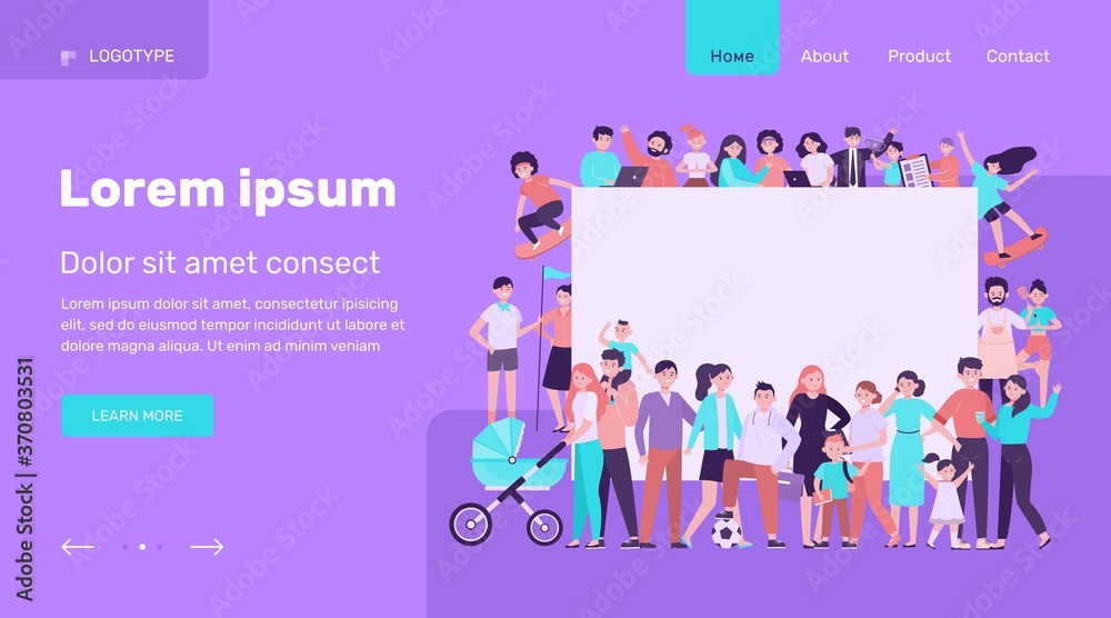 Crowd of happy people with blank placard flat vector illustration. Cartoon multicultural men and women standing together. Community, society and population concept Crowd of happy people with blank placard flat vector illustration. Cartoon multicultural men and women standing together. Community, society and population concept