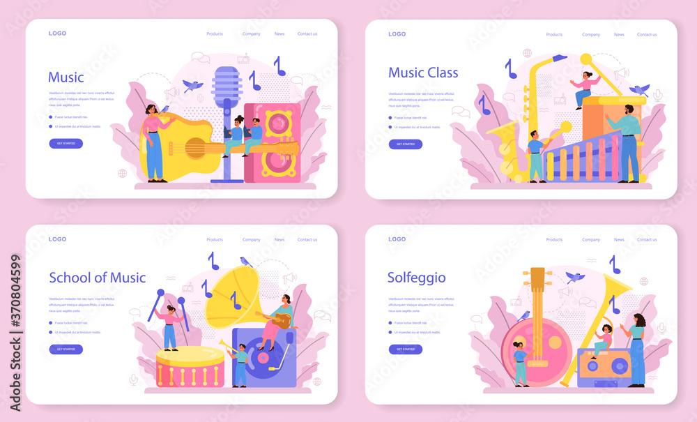 Musician and music course web banner or landing page set. Young