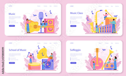 Musician and music course web banner or landing page set. Young