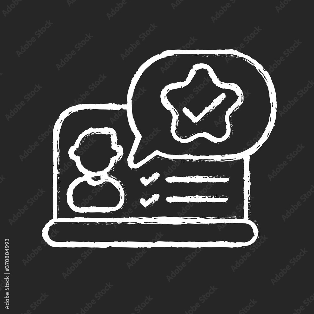 Feedback chalk white icon on black background. Online evaluation service, HR management. Self presentation skills. Candidate CV, business resume assessment. Isolated vector chalkboard illustration Feedback chalk white icon on black background. Online evaluation service, HR management. Self presentation skills. Candidate CV, business resume assessment. Isolated vector chalkboard illustration