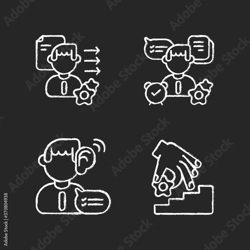 Professional skills development chalk white icons set on black background. Self organization, listening, coaching, brevity and clarity. Personal growth. Isolated vector chalkboard illustrations