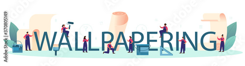 Wall papering typographic header. Worker gluing wallpapers
