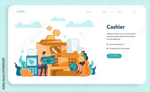 Cashier web banner or landing page. Worker behind the cashier