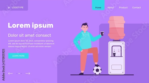 Football player drinking water at cooler. Male athlete, soccer, sportsman flat vector illustration. Beverage, refreshment, watercooler concept for banner, website design or landing web page