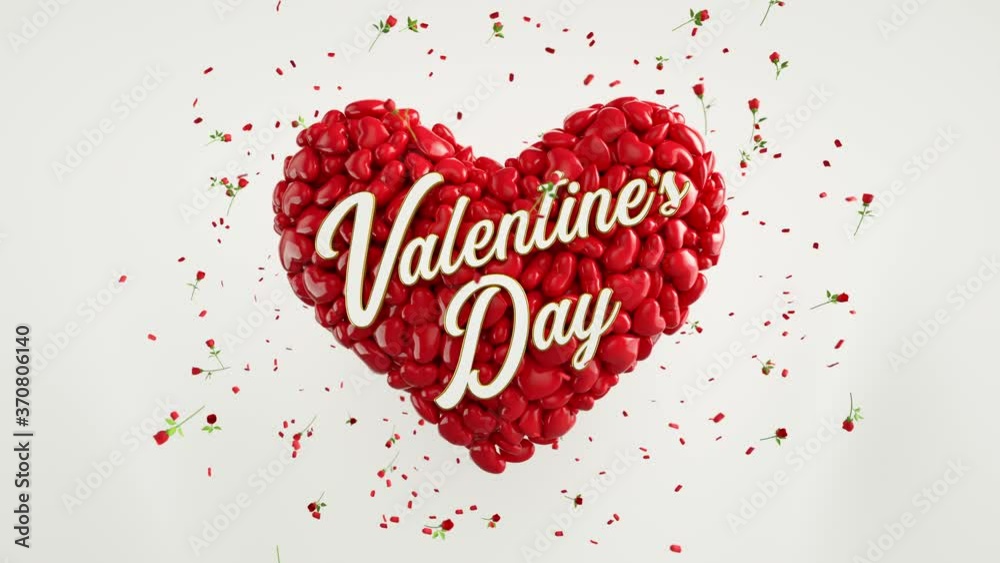 Big heart shaped little red hearts are moving with red roses are flying around it. Beautiful valentines day typography. Big heart shaped little red hearts are moving with red roses are flying around it. Beautiful valentines day typography.