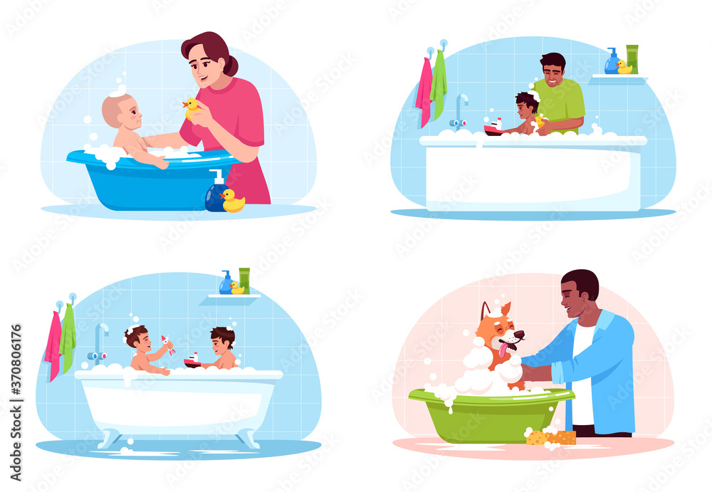 Bathroom washing semi flat RGB color vector illustration set. Mother clean child. Kids play in bathtub. Pet owner wash dog. Family isolated cartoon characters on white background collection