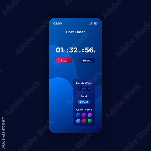 Cost timer app smartphone interface vector template. Mobile app page night mode design layout. Hourly wage counter on screen. Flat UI for application. Real time tracker phone display