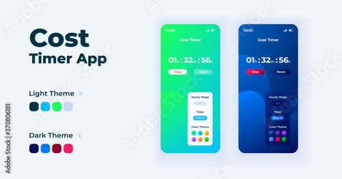 Cost timer app cartoon smartphone interface vector templates set. Mobile app screen page day and night modes design. Time tracking software UI for application. Phone display with flat illustrations