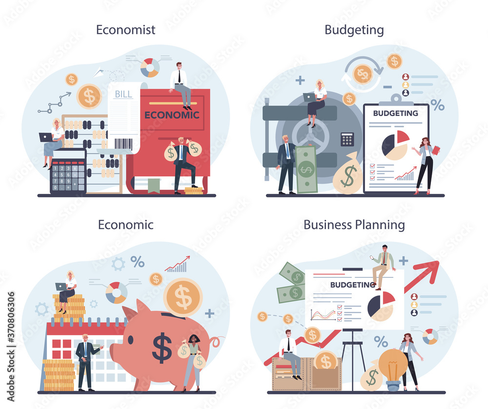 Economics and finance concept set. Business people work with