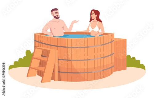 Wooden bathtub semi flat RGB color vector illustration. Japanese public resort. Wood tub for friends relaxation. Hot pool. Woman and man isolated cartoon characters on white background