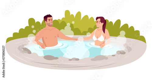 Japanese spa resort semi flat RGB color vector illustration. Hot springs for couple relaxation. Hot steam outdoor bathtub. Boyfriend and girlfriend isolated cartoon characters on white background