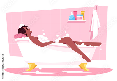Woman bathing semi flat RGB color vector illustration. Evening pampering and relaxation. Bathroom relaxation. Bubble bath. African lady in hot tub isolated cartoon character on pink background