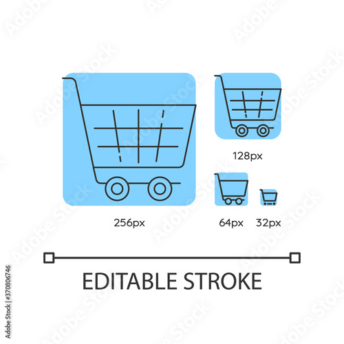 Shopping cart blue linear icons set. Supermarket trolley. Online shop purchase. Thin line customizable 256, 128, 64 and 32 px vector illustrations. Contour symbols. Editable stroke