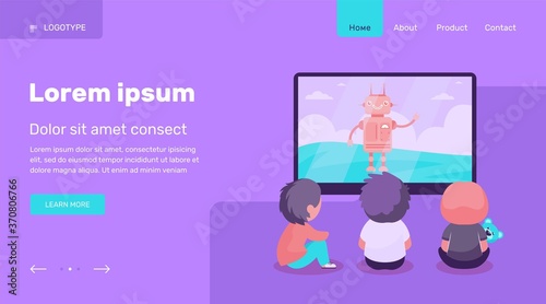 Children watching cartoon with robot. TV, screen, toy flat vector illustration. Childhood and digital technology concept for banner, website design or landing web page