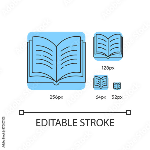 Open book blue linear icons set. Dictionary page. Notebook and textbook. Student's diary. Thin line customizable 256, 128, 64 and 32 px vector illustrations. Contour symbols. Editable stroke